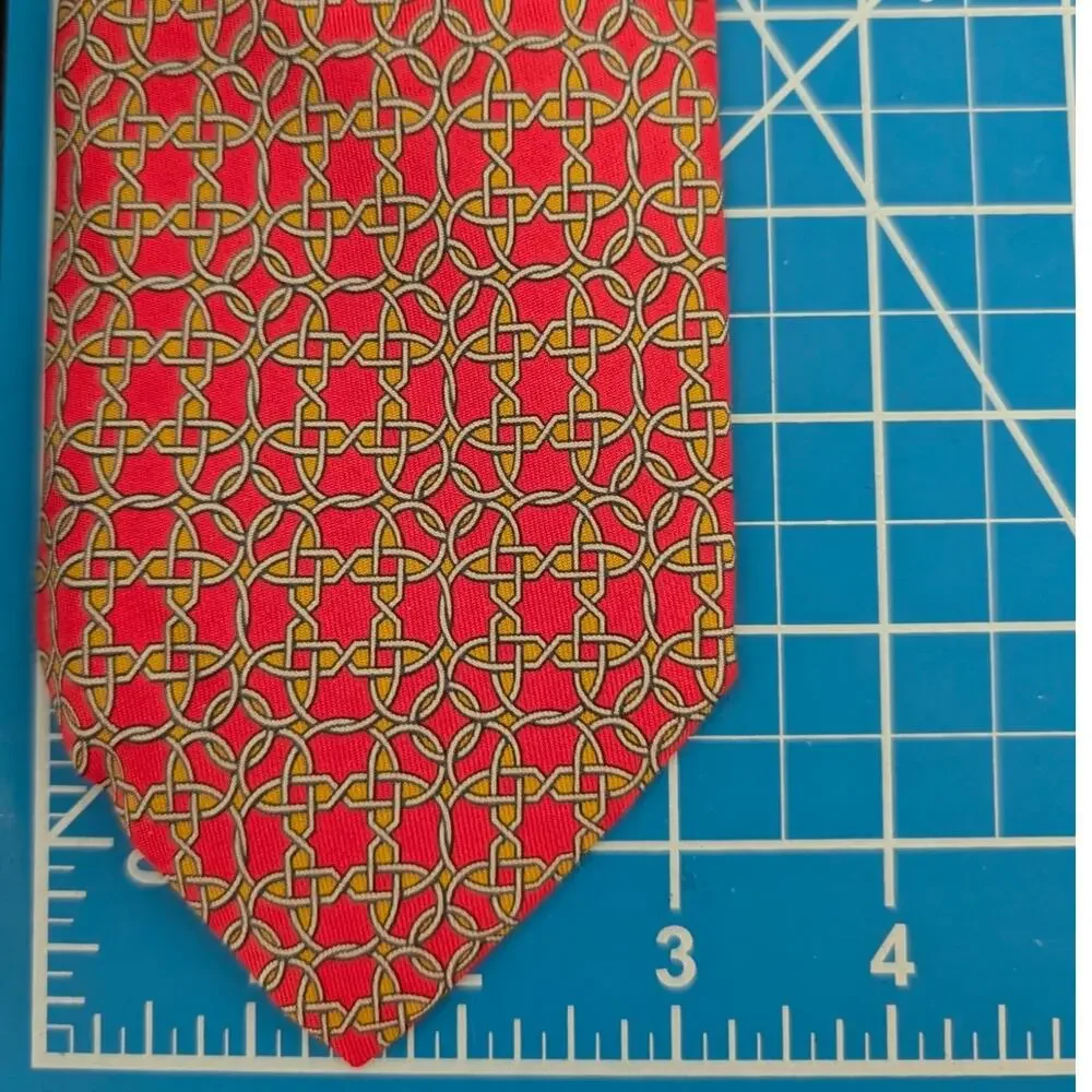 Vintage Hermès 100% Silk Men's Red Tie With Gold & Gray Geometric Designs